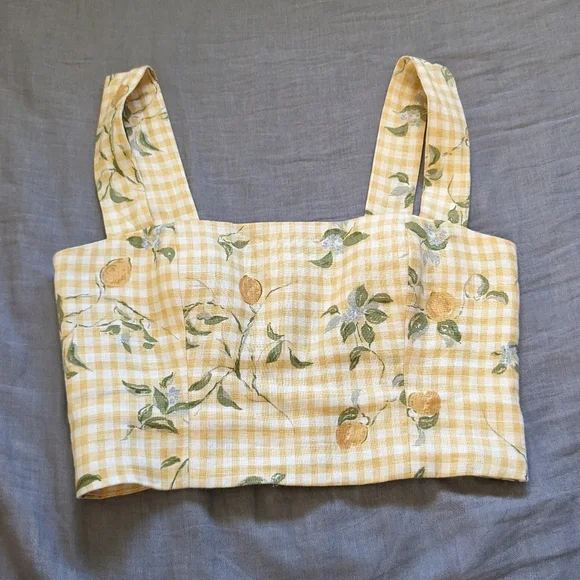 Reformation Linen Lemon Check Print Top - Picture 1 of 6